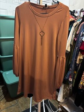 As U Wish Long Sleeve Tunic Dress in Rust